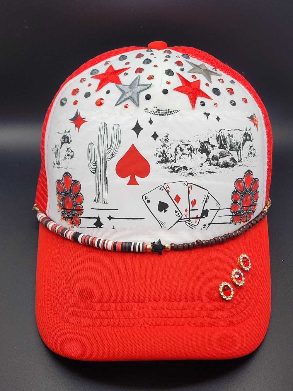 Red & White Western Playing Card Embellished Trucker Hat